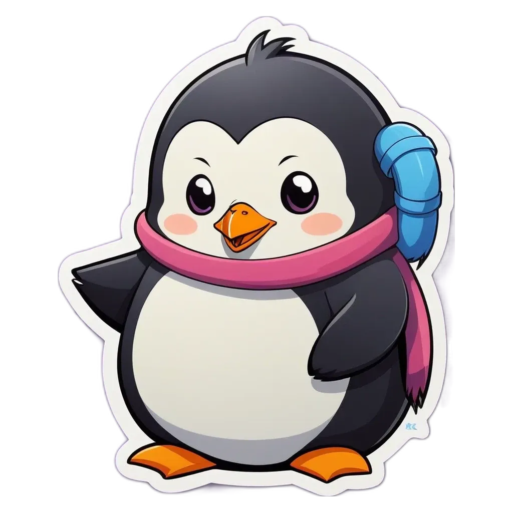 A penguin drawing with a pink and blue scarf.