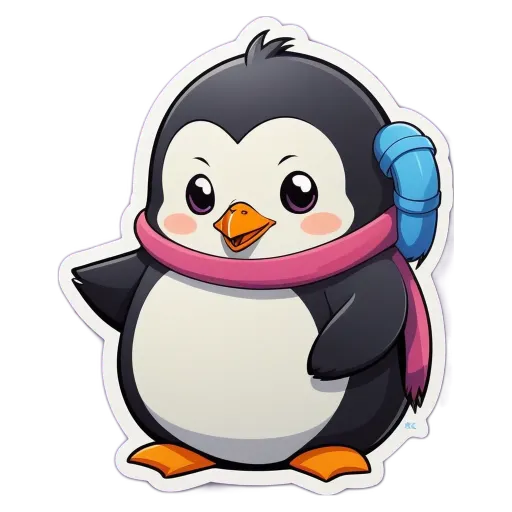 A penguin drawing with a pink and blue scarf.