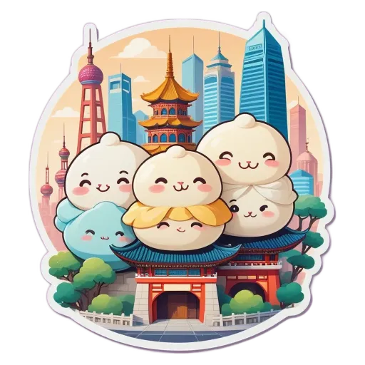 A group of stickers showing oriental buildings and children.