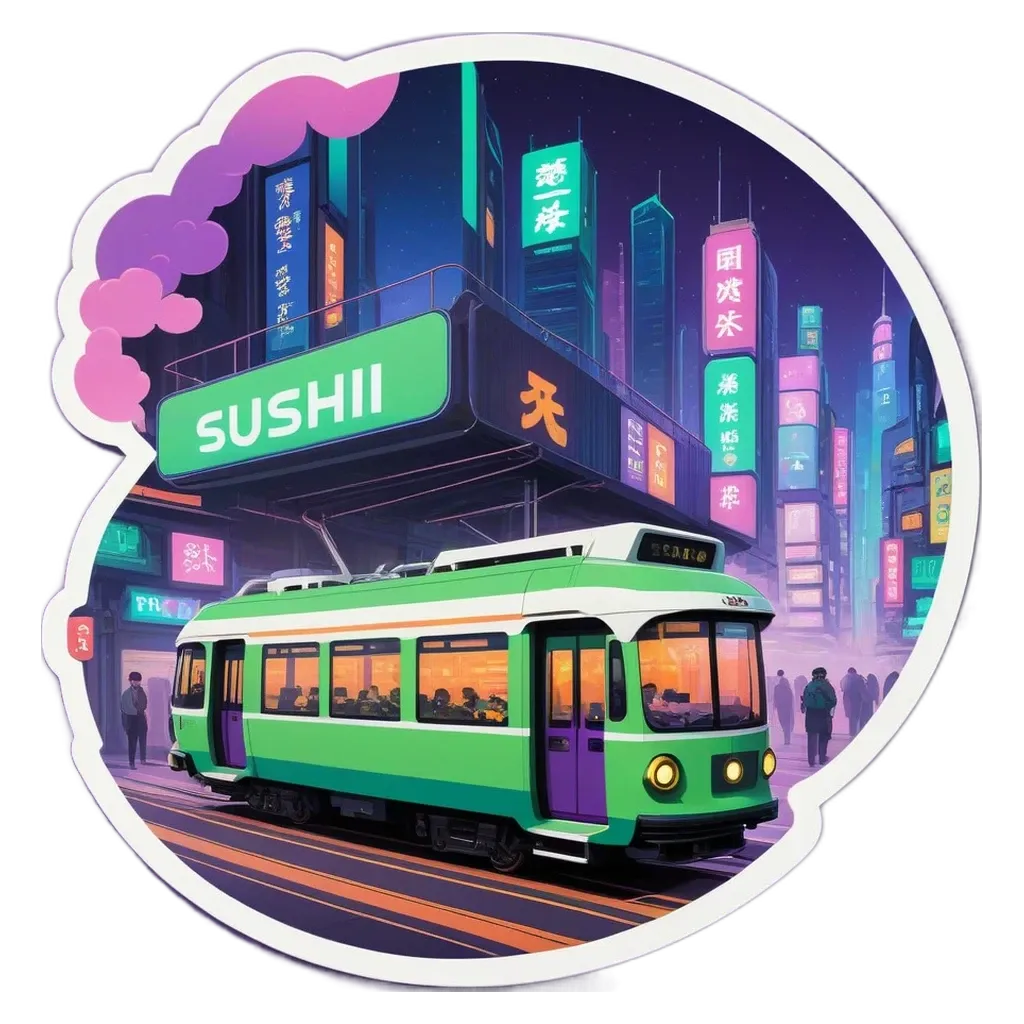 A green and white train in front of a sticker that says sushi.