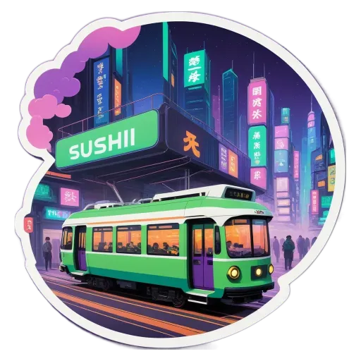 A green and white train in front of a sticker that says sushi.