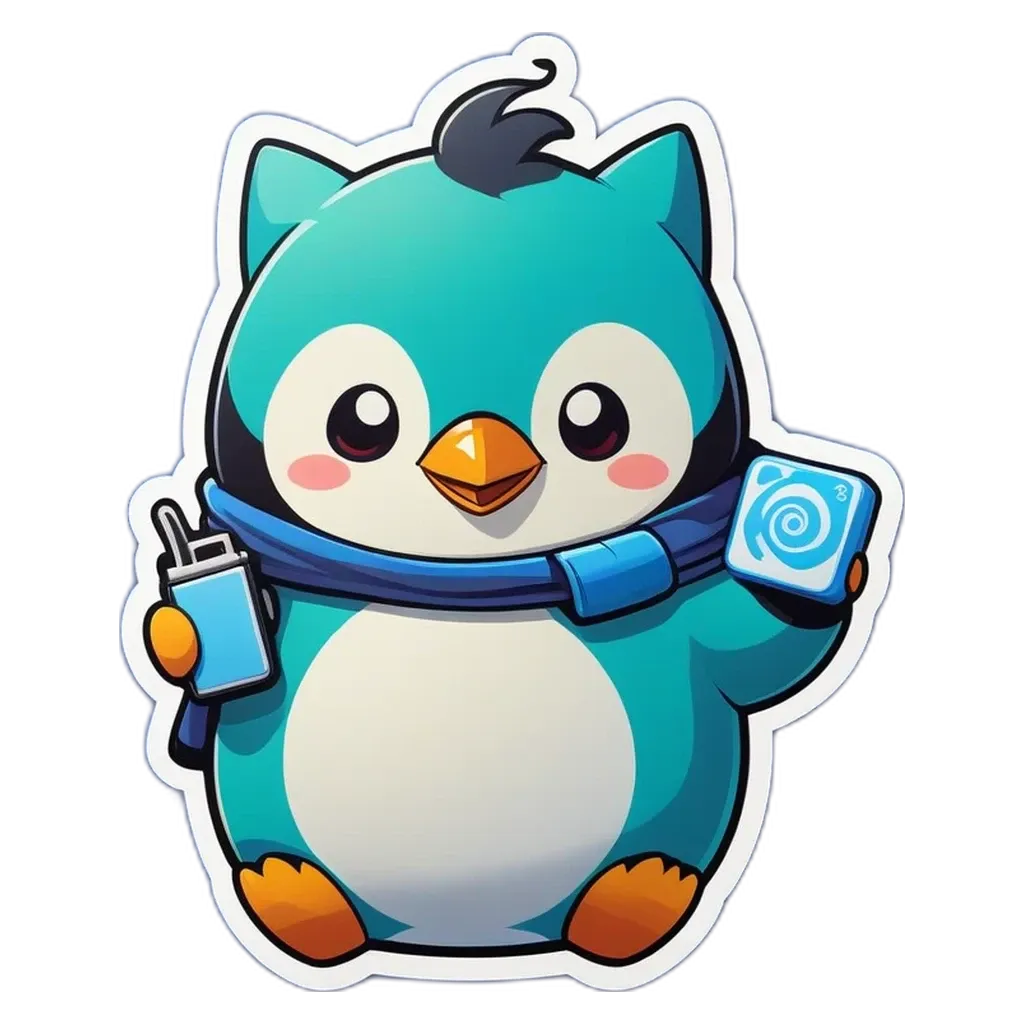 A penguin with a drink and a piece of paper in its mouth.