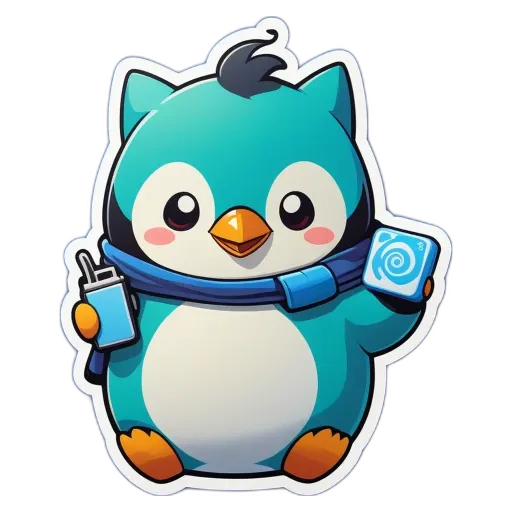 A penguin with a drink and a piece of paper in its mouth.