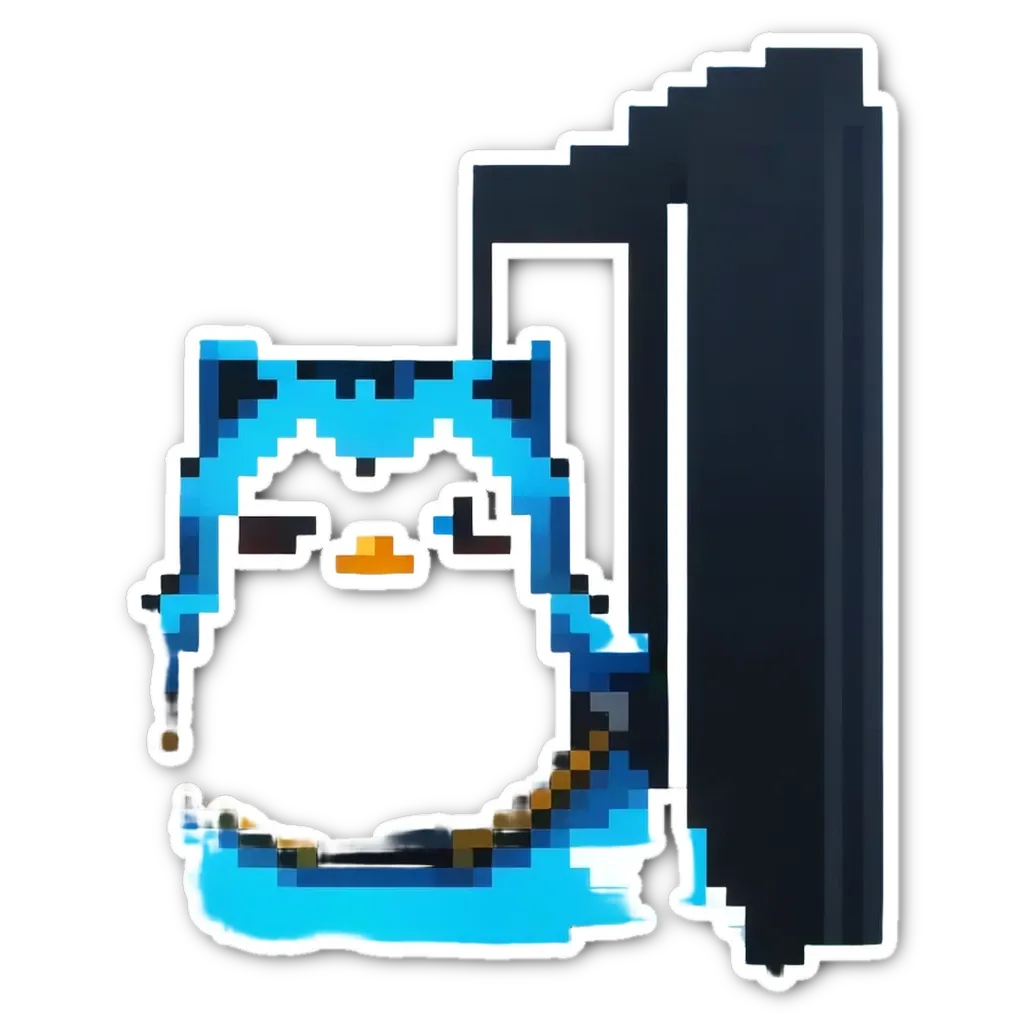A blue pixelated character is staring at a black background.