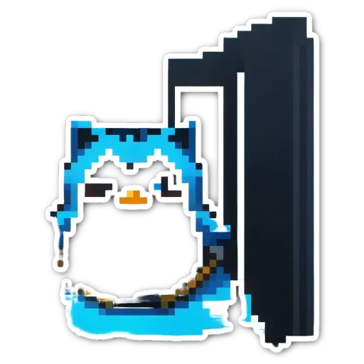 A blue pixelated character is staring at a black background.