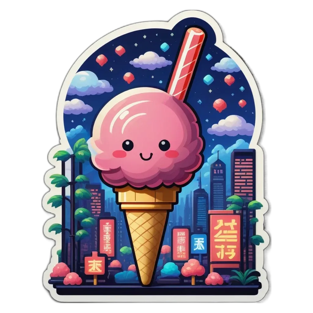 A cute ice cream cone with a smiley face and chinese writing on the sticker.