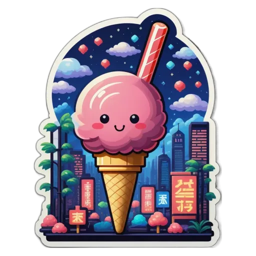 A cute ice cream cone with a smiley face and chinese writing on the sticker.