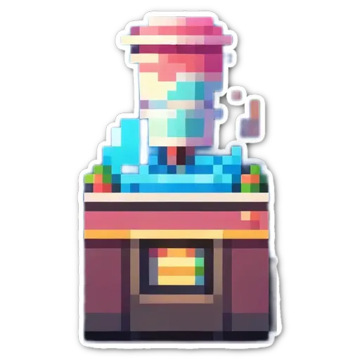 A pixelated drawing of a soda machine with a colorful cup inside.