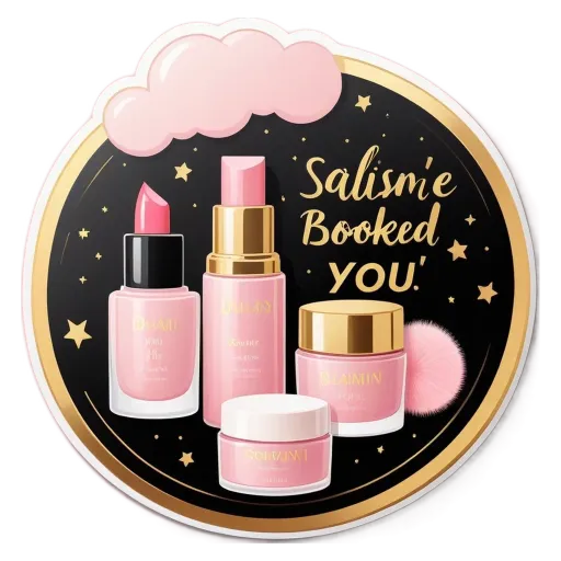 A round pink sticker with makeup on it is in the center of a black background.