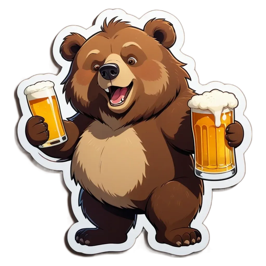 A bear holding two glasses of beer.