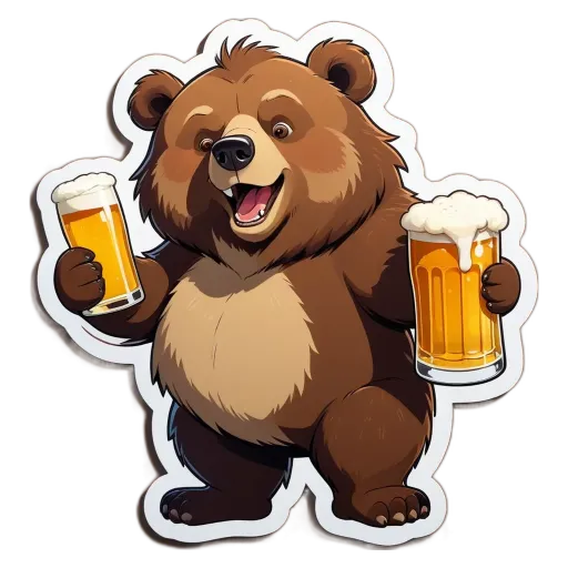 A bear holding two glasses of beer.