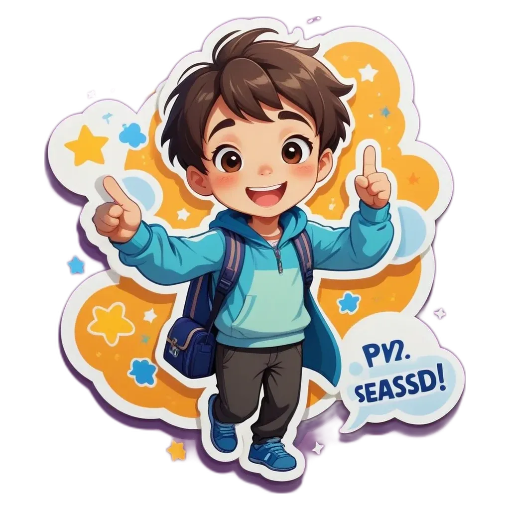 A boy wearing a blue jacket, carrying a backpack and pointing with his right hand.
