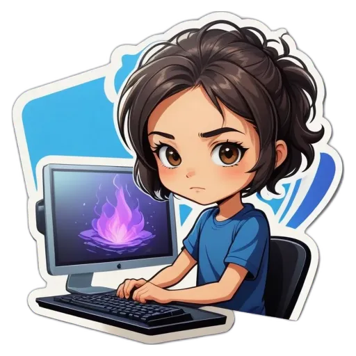A girl using a computer with a sticker that says "this is an image of".