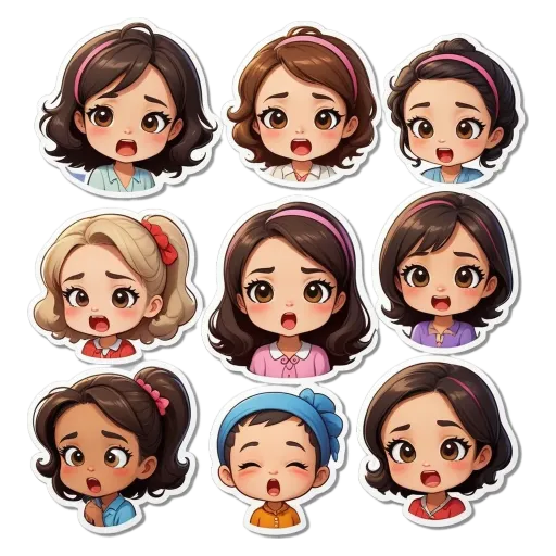 A set of nine stickers depicting different girls' faces.