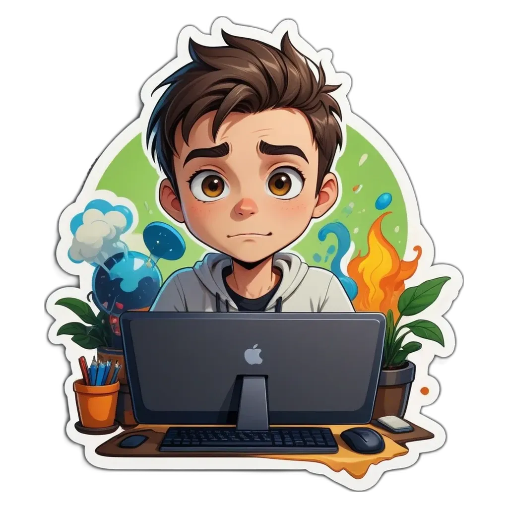 A boy using a computer who seems to be frustrated.