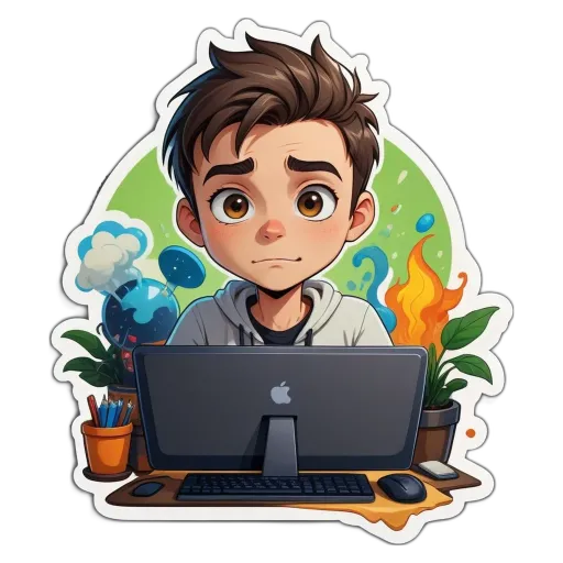 A boy using a computer who seems to be frustrated.
