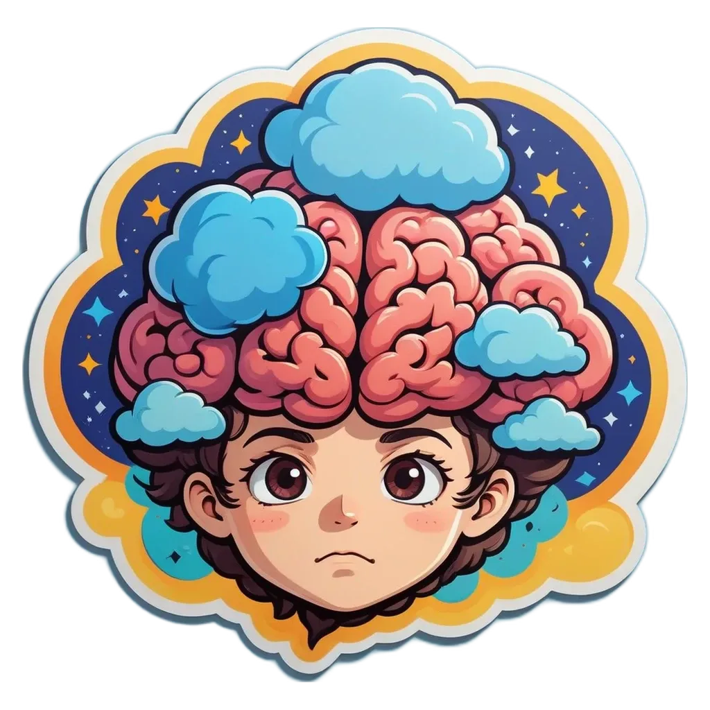 A girl with a cloud head is looking at the camera.
