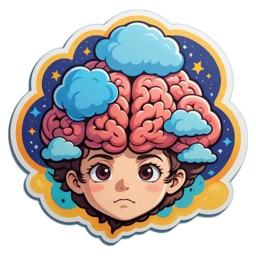 A girl with a cloud head is looking at the camera.
