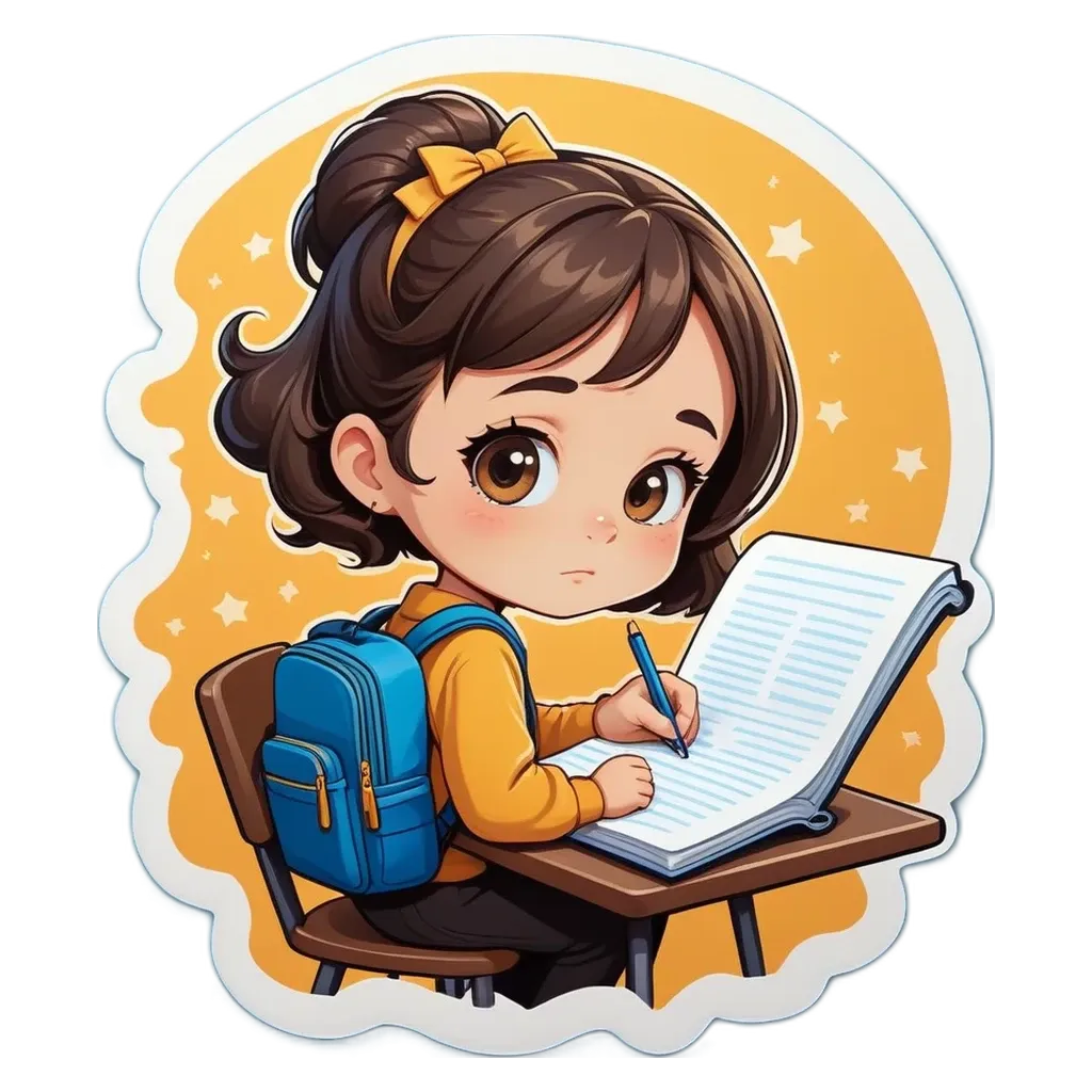 A girl writing in her book with a backpack on her.
