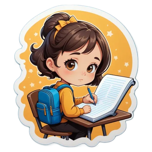 A girl writing in her book with a backpack on her.