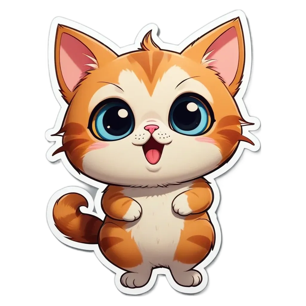 A cartoon cat with blue eyes is standing on a black and white background.