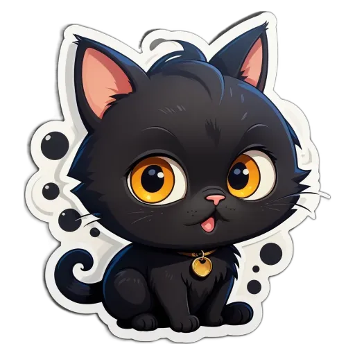 A cartoon black cat with a yellow tag around its neck.