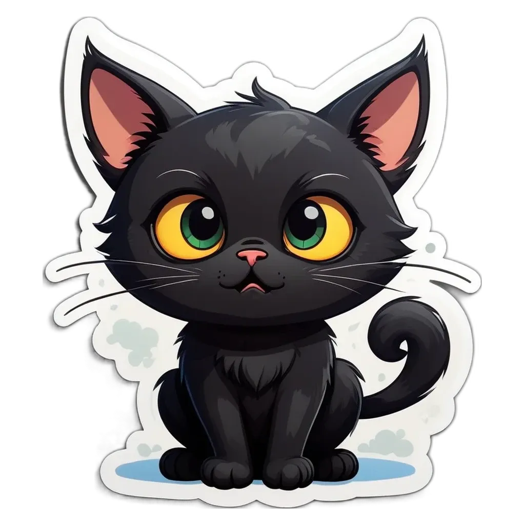 A black cat with green eyes is sitting on the ground.