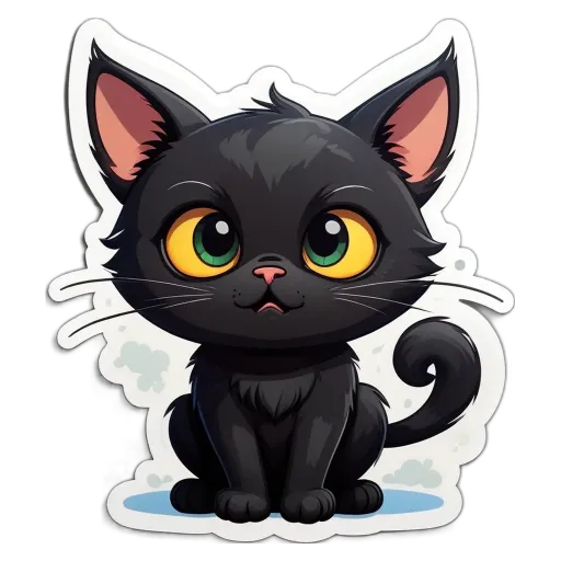 A black cat with green eyes is sitting on the ground.
