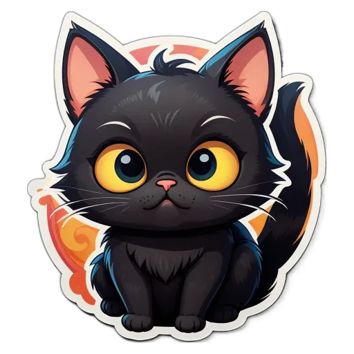 A cartoon black cat with yellow eyes is sitting in a circle.