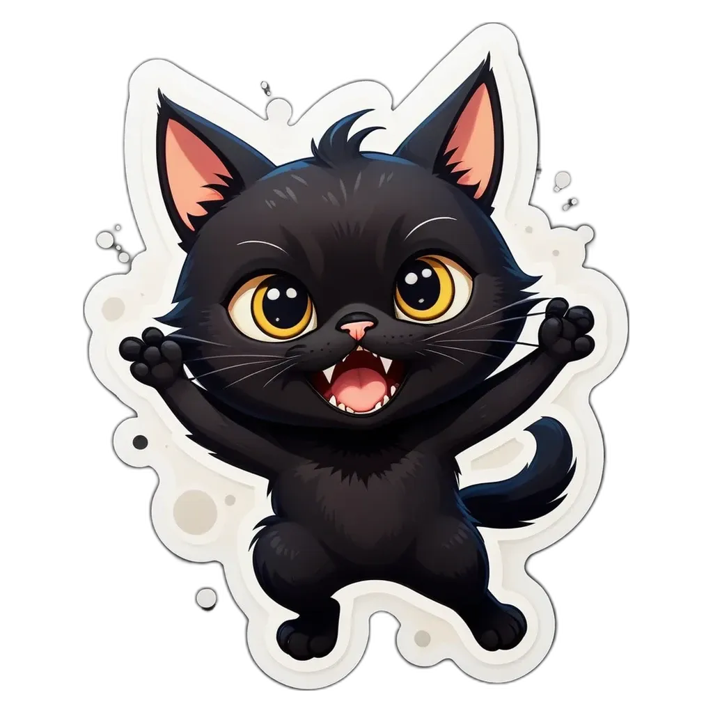 A cartoon black cat with yellow eyes and a mouth open.