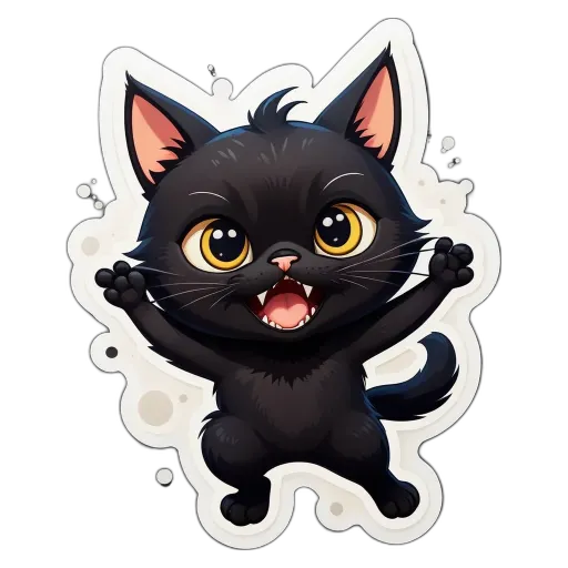 A cartoon black cat with yellow eyes and a mouth open.