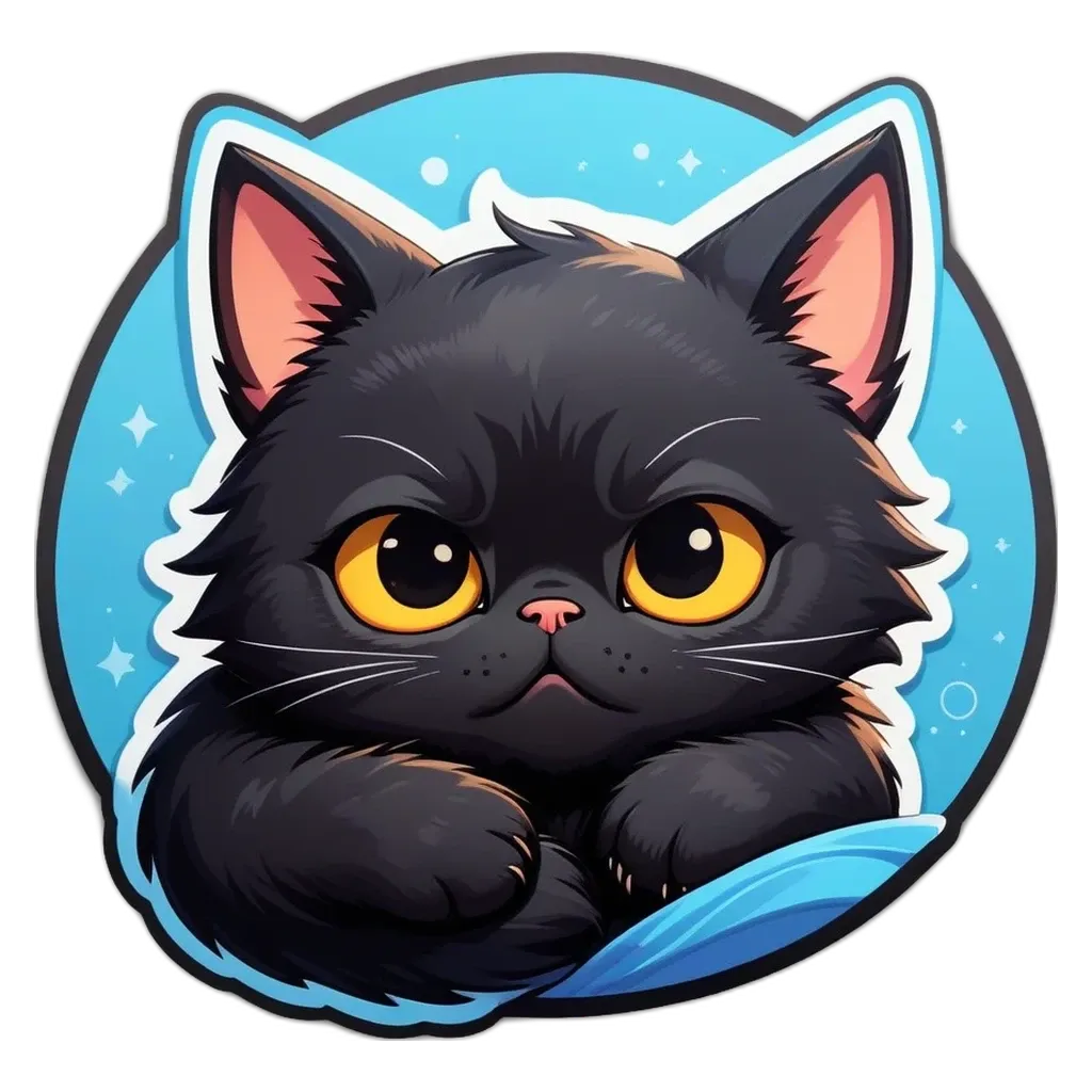 A cartoon picture of a cat with blue eyes and a pinky finger on its nose.