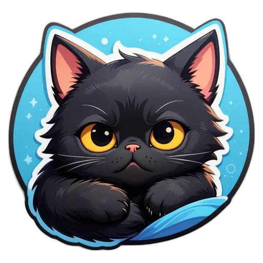 A cartoon picture of a cat with blue eyes and a pinky finger on its nose.