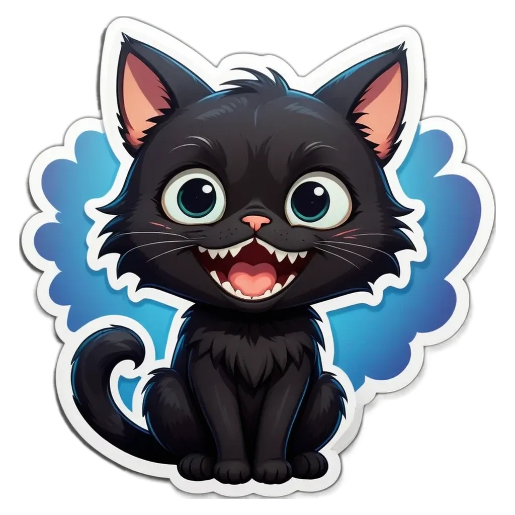 A black cat with yellow eyes and teeth that is sitting.