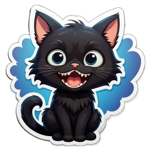 A black cat with yellow eyes and teeth that is sitting.