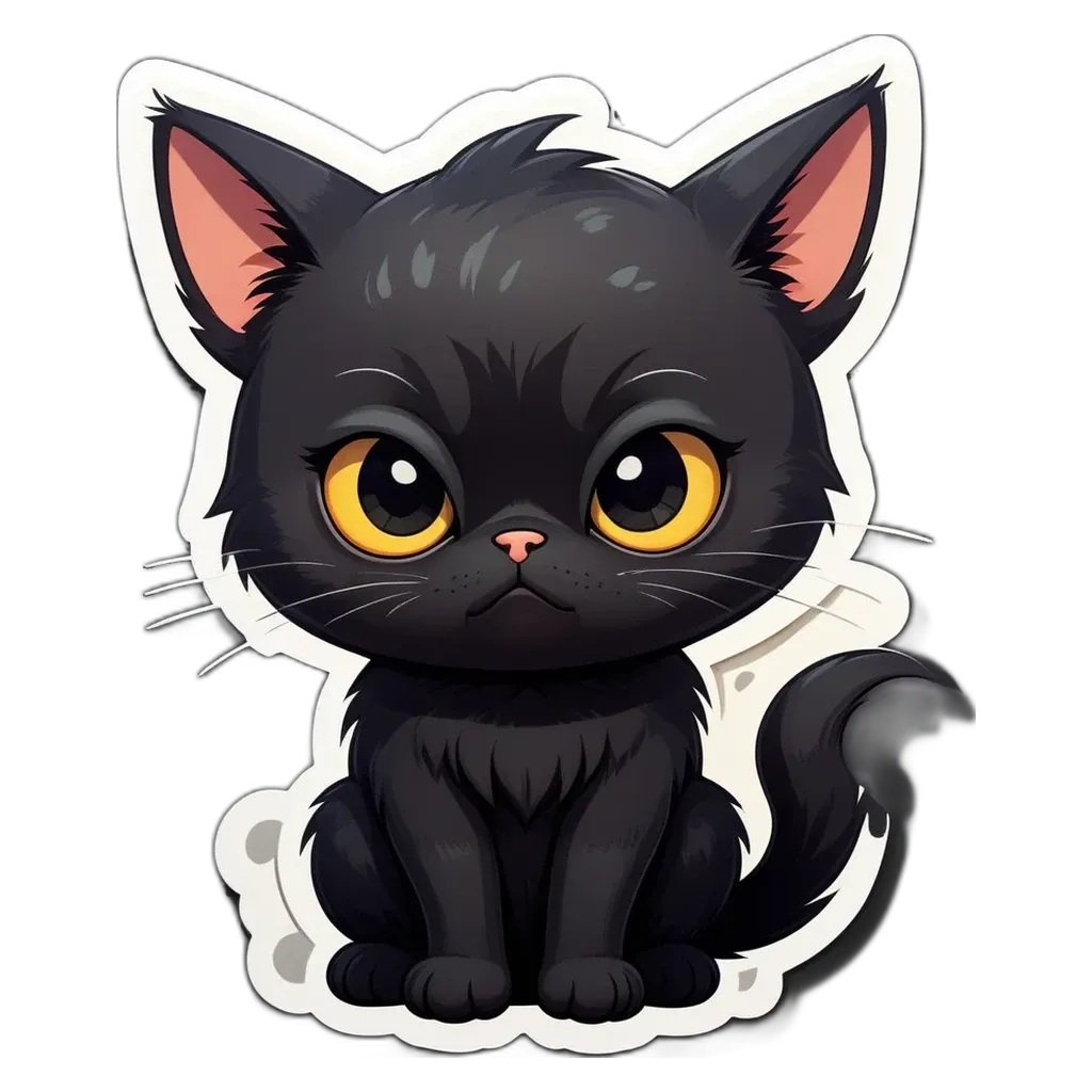 A black cat with yellow eyes is sitting on a black and white background.
