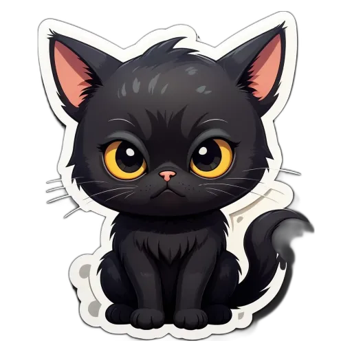 A black cat with yellow eyes is sitting on a black and white background.