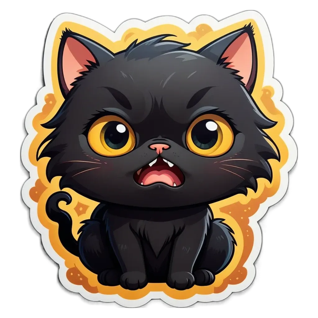 A black cat with yellow eyes and a grumpy face.