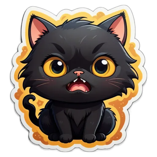 A black cat with yellow eyes and a grumpy face.