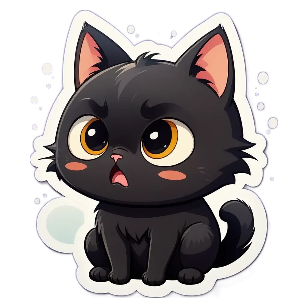 A cartoon black cat with a surprised look on its face.