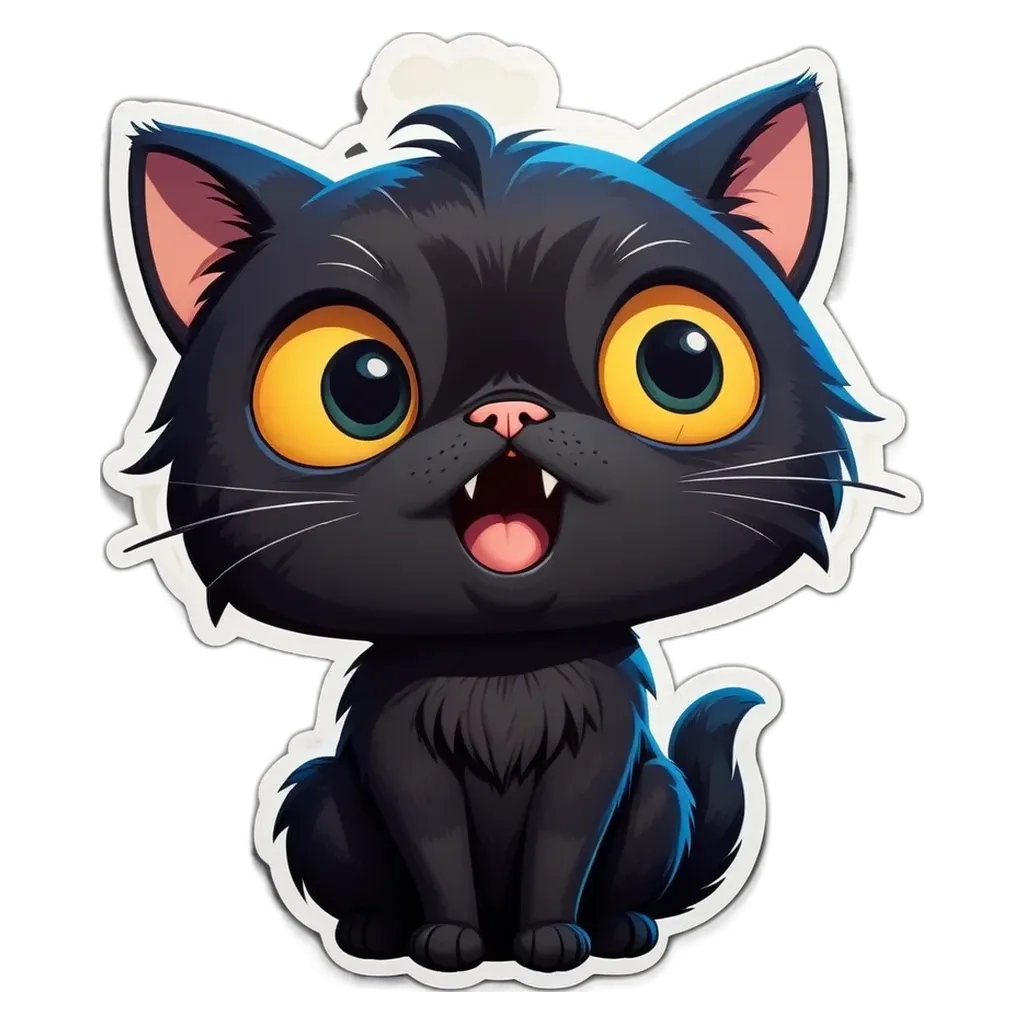 A black cat with yellow eyes is sitting on a black surface.