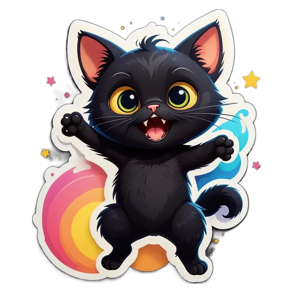 A cartoon black cat with yellow eyes and a pink and blue rainbow in the background.