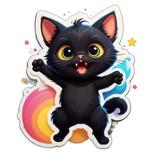 A cartoon black cat with yellow eyes and a pink and blue rainbow in the background.