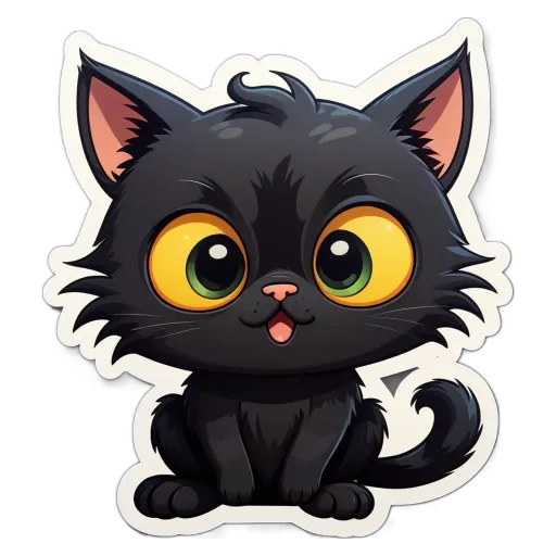 A black cat with yellow eyes is sitting on a black background.