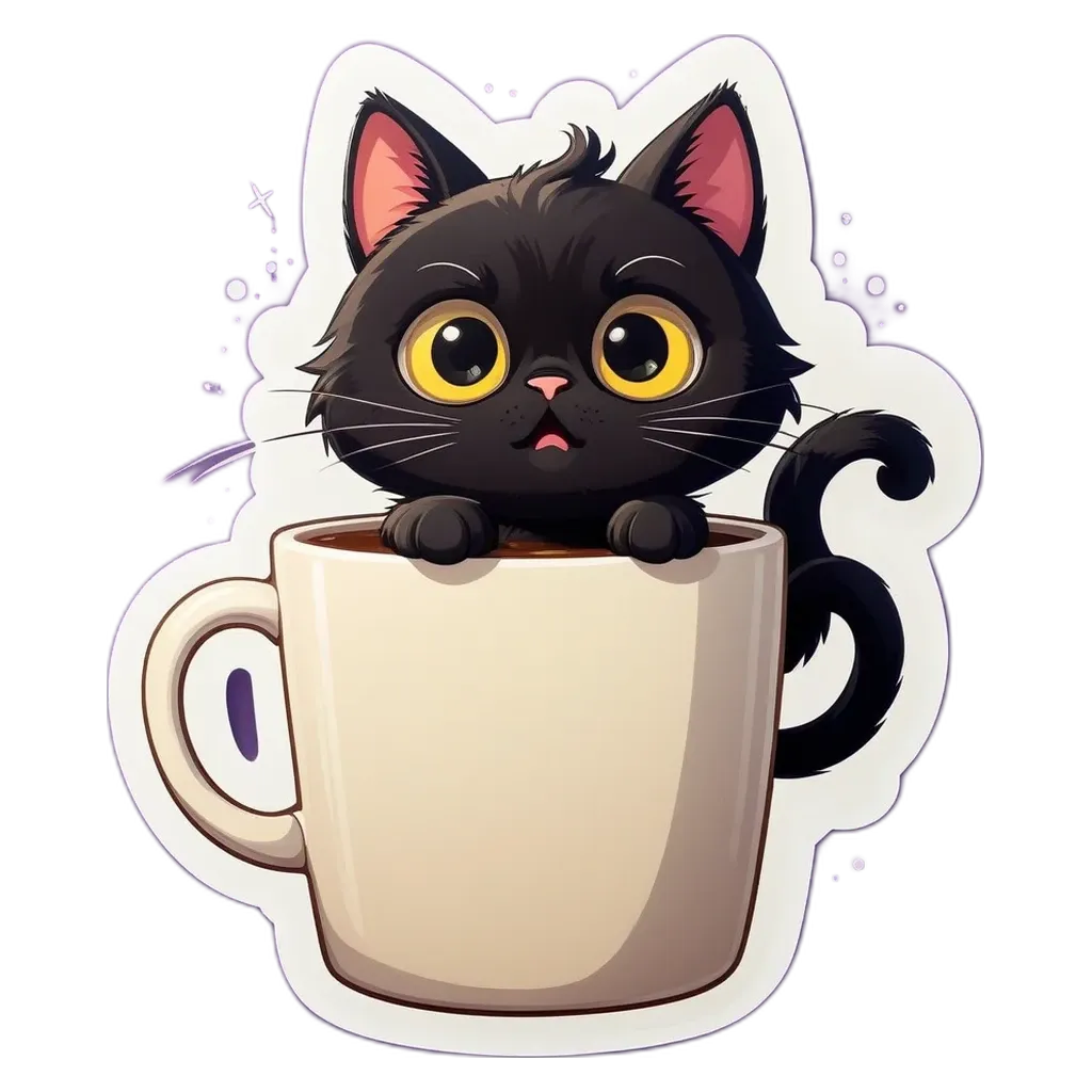 A cartoon picture of a cat in a coffee cup.