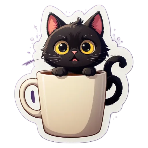 A cartoon picture of a cat in a coffee cup.