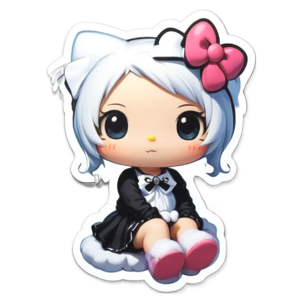 Hello kitty is on a black and white sticker with a pink bow.