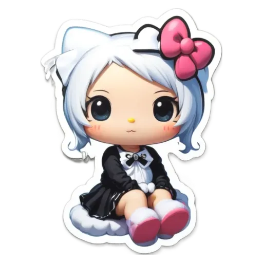 Hello kitty is on a black and white sticker with a pink bow.
