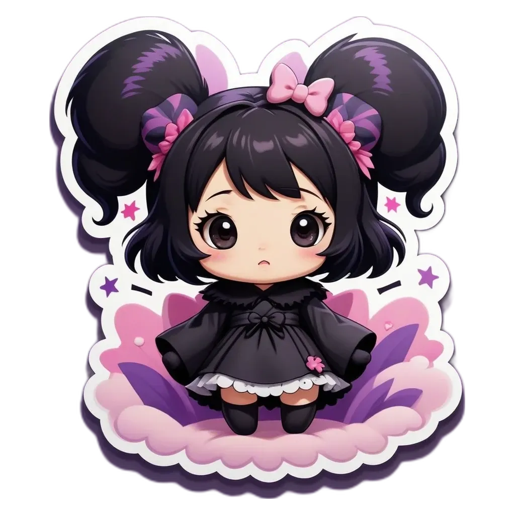 A girl with two dark eyes is sitting on a cloud shaped like a heart.