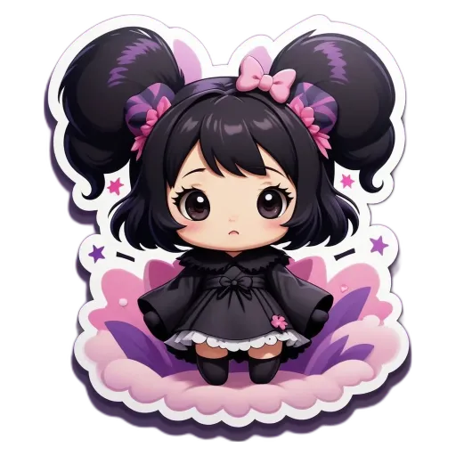 A girl with two dark eyes is sitting on a cloud shaped like a heart.